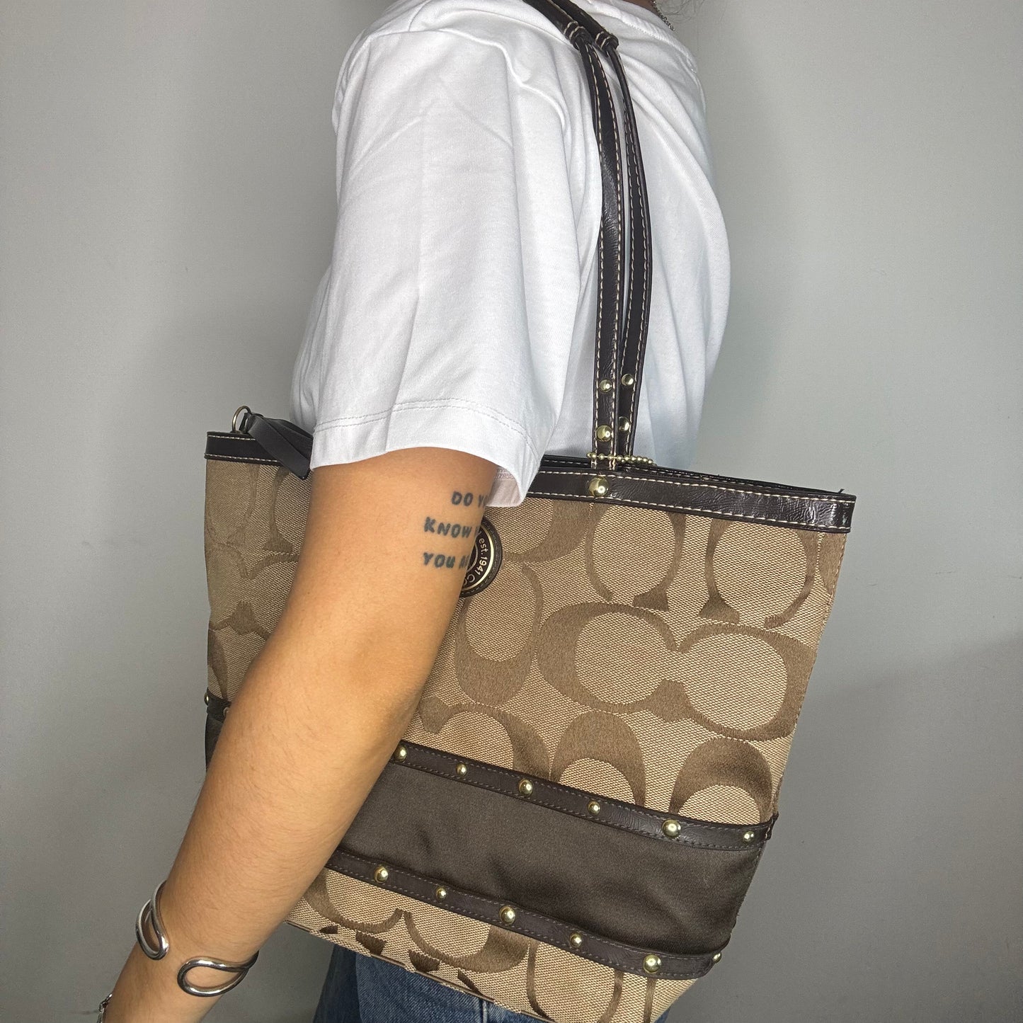 Coach Studded Signature Tote Bag - Brown/Gold